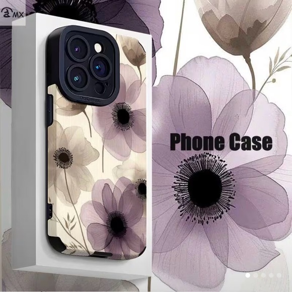 iPhone Phone Case Vertical Stripes PULeather Texture Purple Floral Pattern - Picture 3 of 5